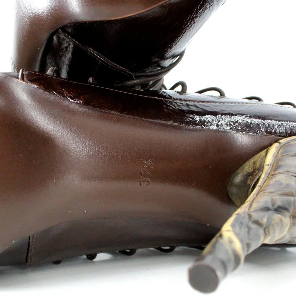 Gianni Barbato Patent Leather Lace Up Pointed Pumps Sculptural Heel Brown 7.5 - Picture 10 of 16